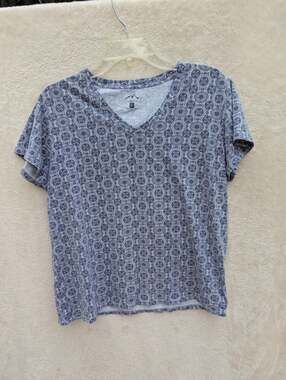 Blue Mountain Women's Blue and White Geometric Print V-Neck T-Shirt